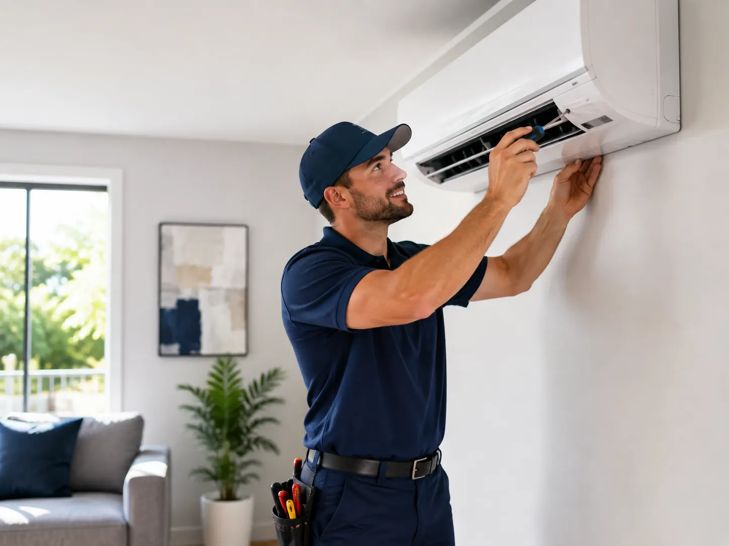 Technician servicing a ductless mini split air conditioner in Orlando