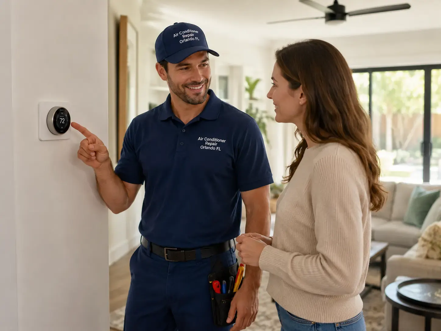 HVAC technician explaining thermostat operation to an Orlando homeowner