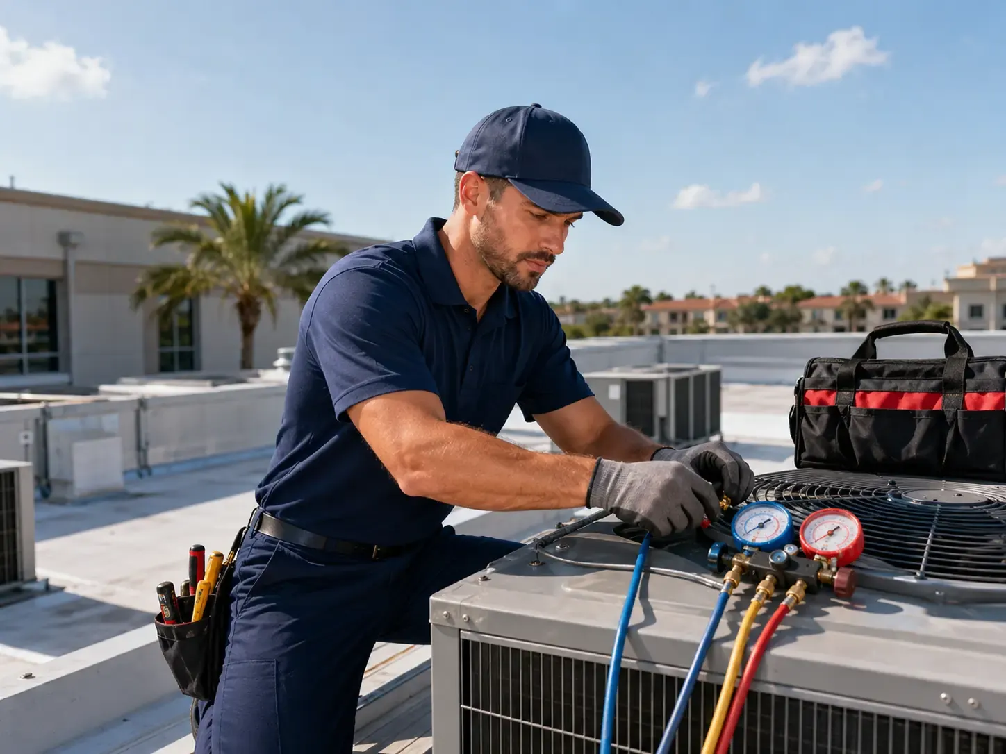 Commercial HVAC technician servicing rooftop air conditioning equipment in Orlando