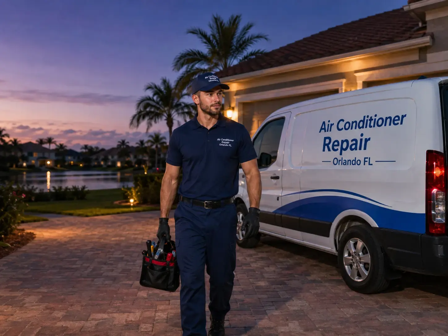 Emergency AC repair technician arriving at an Orlando home